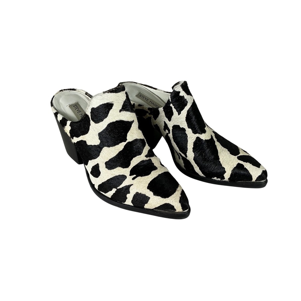 Steve Madden Cando Cow Print Calf Hair Pointed Toe Block Heel Mules 9M